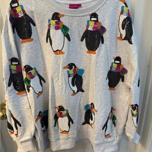 QUEEN OF SPARKLES Penguin Sweatshirt - Gray with Multicolor Accents